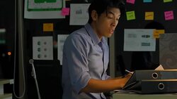 Businessman hard working to late night and work overtime at office. Manager assigns task after timeout of work. Concept of business management, assignment job late and working overtime. Stock Footage