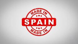 Made In SPAIN Signed Stamping Text Wooden Stamp Animation. Red Ink on Clean White Paper Surface Background with Green matte Background Included. Stock Footage