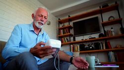 Senior man checking blood pressure Stock Footage