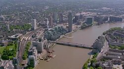 Aerial View of the River Thames at Vauxhall, London, UK. 4K Stock Footage
