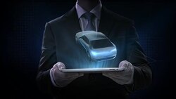 Businessman lifting smart pad, Rotating Electronic, hybrid, lithium ion battery echo car.  scanning inside view with user interface, eco-friendly future car. 4k movie.1. Stock Footage