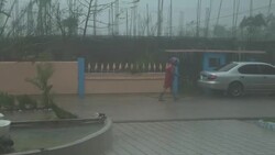 Man Braves Powerful Winds In Middle Of Hurricane Stock Footage