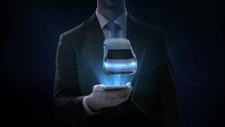 Businessman click smartphone, Rotating Electronic, hybrid, lithium ion battery echo car.  scanning inside view with user interface, eco-friendly future car. 4k movie. Stock Footage