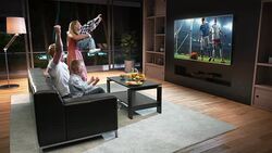 A family is watching a soccer moment on the TV and celebrating a goal Stock Footage