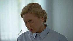 Female office worker removing glasses, feeling eye pain, stress and exhaustion Stock Footage