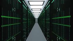 Large server room interior in datacenter, web network and internet telecommunication technology, data storage and cloud service concept Stock Footage