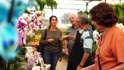 Family shop for plants with Salesman at Flower Market Stock Footage