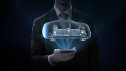 Businessman slide touch smart phone, Electronic car, ion battery echo car. Charging car battery. Battery level check, future car. side view. 4k movie. Stock Footage