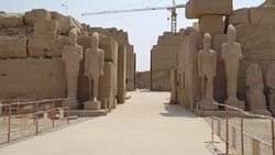Karnak Temple in Luxor, Egypt. The Karnak Temple Complex, commonly known as Karnak, comprises a vast mix of decayed temples, chapels, pylons, and other buildings in Egypt. Stock Footage