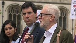 Jeremy Corbyn speaks at demonstration holding a banner by the campaign group ‘Stop the War Coalition” calling for no more foreign wars during a protest in Parliament Square News Clip
