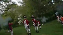 British Revolutionary War soldiers firing musket with bayonets attached Stock Footage