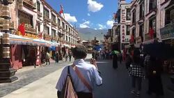 Pilgrims holding prayer wheel walking on Barkhor Street. Stock Footage