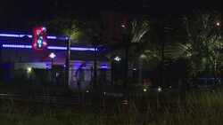WIDE ANGLE OF STRIP CLUB EXTERIOR. SEE NEON LIGHTS AND NEON SIGN ON BUILDING READING 'AMAZON CLUB'. SEE TRAIN TRACKS OR RAILROAD TRACKS AND FENCE AND PALM TREES  IN FOREGROUND. SEE MEN WALKING INTO BUILDING. SEE WOMAN PUSHING STROLLER WALKING ACROSS PARKI Stock Footage