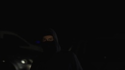 Aggressive bandit in mask threatening handgun at camera, dangerous criminal Stock Footage