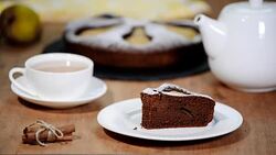Piece of homemade chocolate pie with pears. Chocolate Pear Cake. Stock Footage
