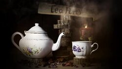 Cup of Tea and Teapot On Wooden Table With Arrow Sign, Smoke ,Candle Flame and Light in The Background. Tea Party Concept Stock Footage