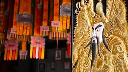 Wooden gates decorated with traditional chinese ancient holy door gods guardians Qin Shubao and Yuchi Jingde Gong. Entrance to chinese shrine with golden warrior protector angel. Tang Dynasty General Stock Footage