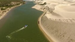 AERIAL boat on estuary/ Port Elizabeth/ South Africa Stock Footage