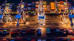 4K Timelapse of modern industrial port with containers from top view or aerial view. It is an import and export cargo port where is a part of shipping dock Singapore Stock Footage