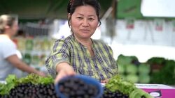 Japanese Ethnicity Woman Buying Jabuticaba / Jaboticaba on Farmers Market Stock Footage