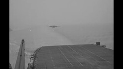During Korean War, US Navy warplanes return from air attacks on targets in South Korea, landing on aircraft carrier "Oriskany" News Clip