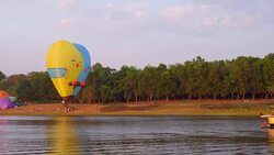 Hot Air Balloons Taking Off Around Lake, Heart Shape Hot Air Balloon Stock Footage