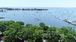 The aerial drone view of the marina in Larchmont, Westchester County, NY, USA Stock Footage