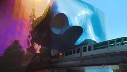 Seattle Center Monorail through MoPop Stock Footage