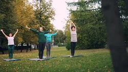 Pretty yogini women are doing exercises in park stretching back and legs standing on mats on grass. Healthy lifestyle, sports and modern youth concept. Stock Footage