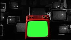 Old Red Tv Green Screen In The Middle Of Many Tvs. Noise Background. Bw Tone. Stock Footage