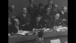 At the UN, US Ambassador Henry Cabot Lodge, Jr. accuses Soviets of aggression in Korea; Andrey Vyshinsky listens; Gladwyn Jebb and others present News Clip