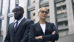 Business partners have disagreement in startup, confrontation of ideas, rivalry Stock Footage