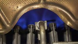 Geyser, water heater. The flame of a torch burns,Gas copper for water heating Stock Footage