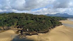 Drone Flight Over Portmeirion: Mysterious Welsh Coastal Village Stock Footage