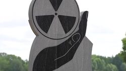 Granite memorial 'In memory of the resettled villages.' Memory of the accident at the Chernobyl nuclear power plant. Stock Footage