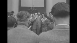 French Assembly votes down European Army Plan; Premier Pierre Mendes France and deputies Edouard Herriot and Jules Moch at Chamber of Deputies News Clip