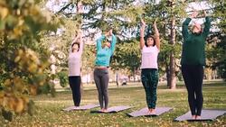 Group of girls is practising yoga outdoors in city park on autumn day, women are standing on mats and bending backward then forward. People and recreation concept. Stock Footage