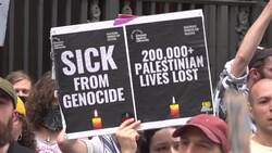 Protestors gather against Freedom Flotilla Coalition being 'illegally boarded' by Israel News Clip