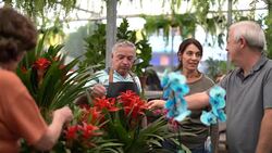 Family shop for plants with Salesman at Flower Market Stock Footage