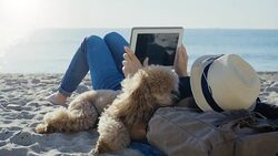 Woman traveler is holding touch pad, while is relaxing outdoors during his trip on the sea. Stock Footage