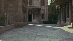 WIDE ANGLE OF STONE COURTYARD. COULD BE OUTSIDE OF CHURCH OR TEMPLE. COULD BE  SULEYMANIYE MOSQUE. EUROPE. Stock Footage