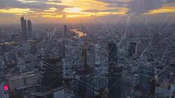 Aerial sunset view shot of Construction site at Bangkok city with communication network Stock Footage
