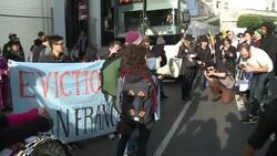 CLEAN : Protesters bring Google and Facebook buses News Clip
