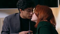 focus on Romantic kiss between lovers during dinner.love,passion,flirt- slow motion Stock Footage