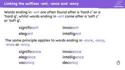 Spelling words with the suffixes -ance and -ancy Instructional Video