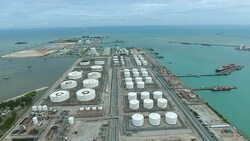 Oil Refinery and Chemical Plant with Pipes Near an Ocean, Aerial Video Stock Footage