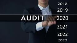 Audit report 2024, businessman finds data in virtual archive financial statement Stock Footage
