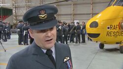 The Duke and Duchess of Cambridge returned to Anglesey today to say goodbye to the RAF's search and rescue force in a special service marking its closure. The unit - where William flew more than a hundred missions - has been disbanded after 75 years News Clip