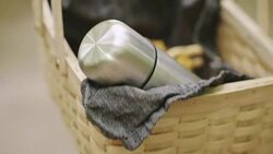 Woman picking mushrooms and drinking coffee in the forest Stock Footage