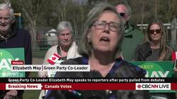 Green Party Co-Leader Elizabeth May reacts after party pulled from debates News Clip